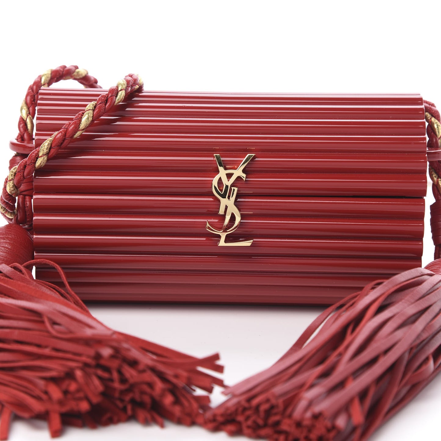 Ribbed Plexiglass Lambskin Fringe Monogram Opium Box Bag Red