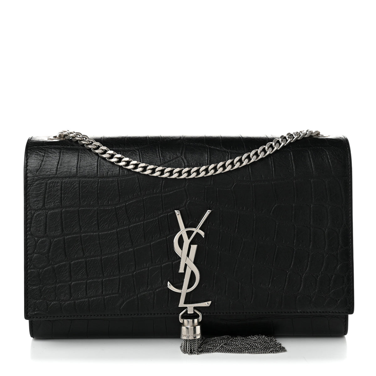 Calfskin Crocodile Embossed Medium Classic Monogram Kate Tassel Satchel Black