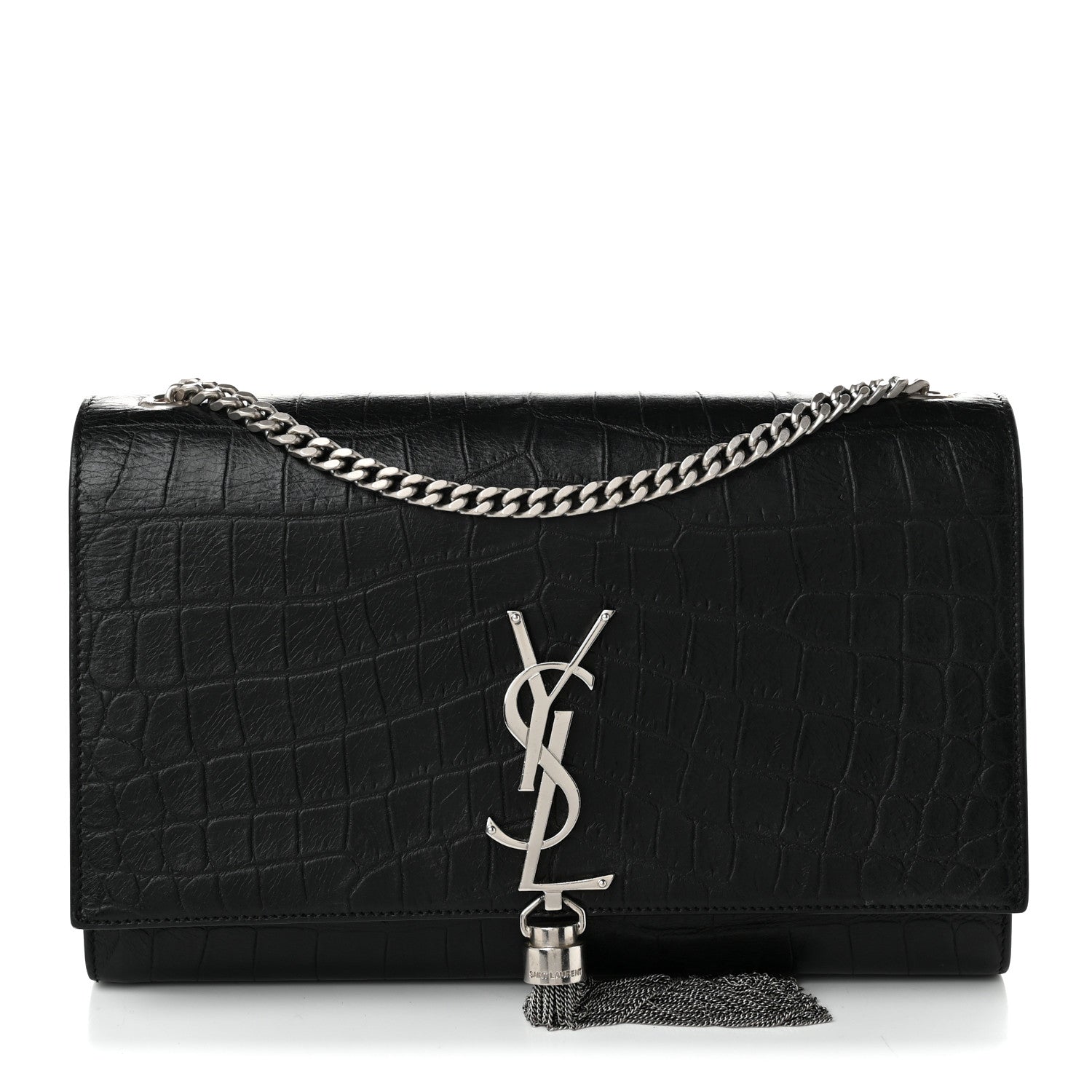 Saint Laurent Calfskin Crocodile Embossed Medium Classic Monogram Kate Tassel Satchel Black 1 of 11