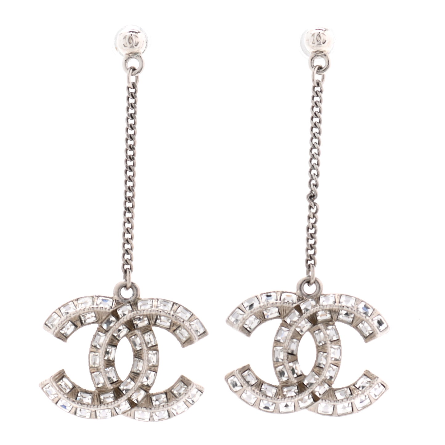Baguette Crystal CC Drop Earrings Silver