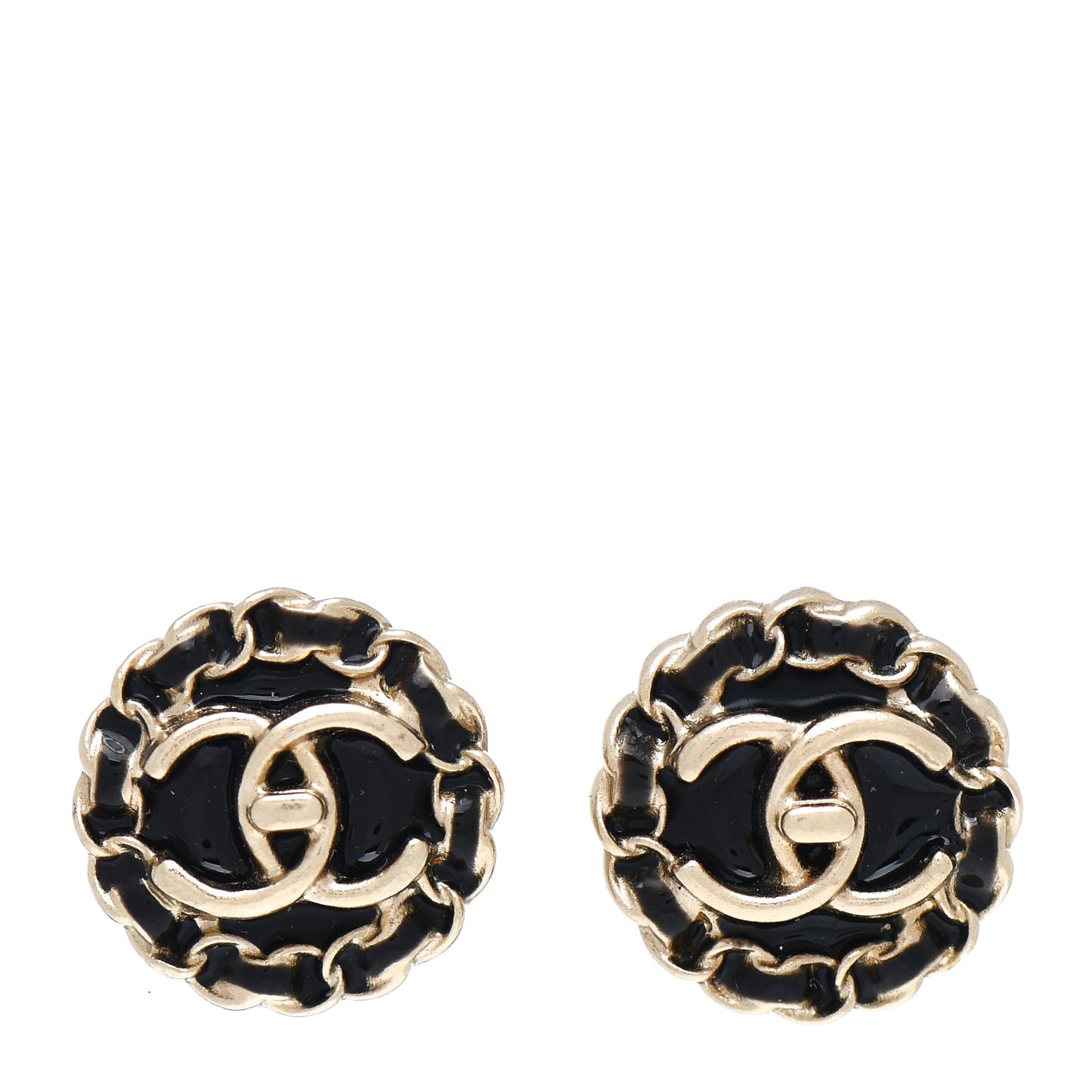 Metal Enamel CC Chain Turnlock Earrings Gold Black