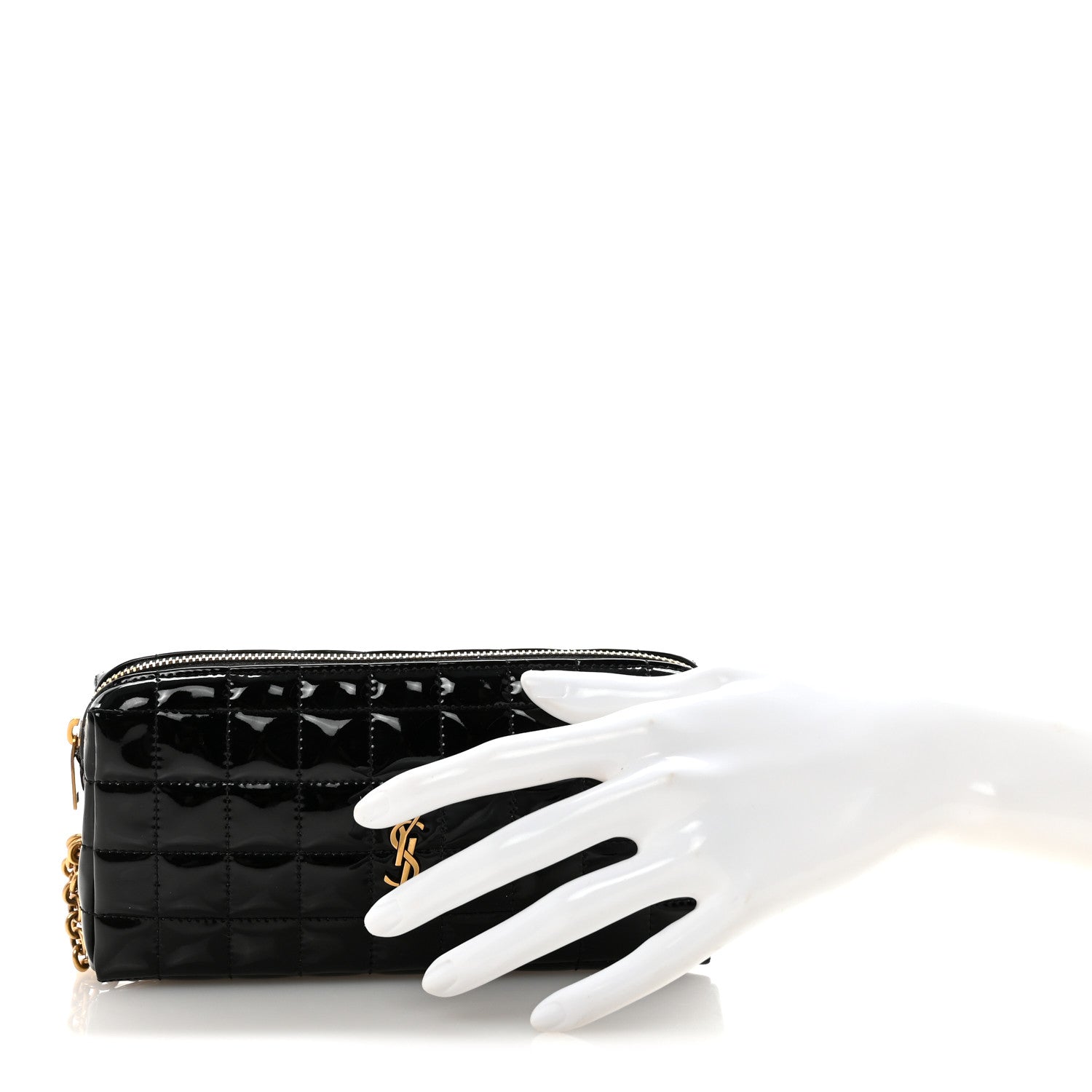 Saint Laurent Patent Calfskin Carre Quilted Cassandre Pouch On Chain Black 2 of 8
