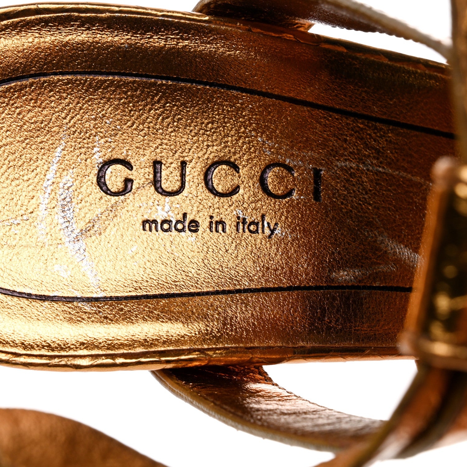 Gucci Calfskin Python Embossed Open Toe Ankle Strap Pumps 35 Gold 7 of 8