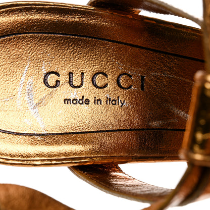 Gucci Calfskin Python Embossed Open Toe Ankle Strap Pumps 35 Gold 7 of 8