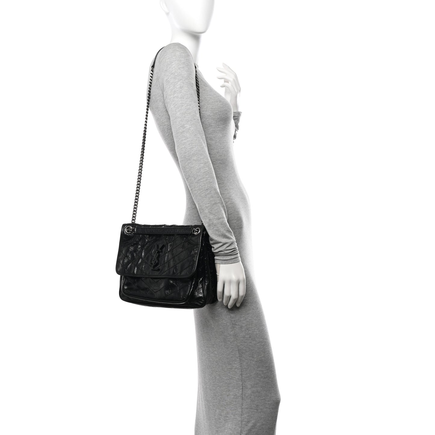 Crinkled Calfskin Matelasse Monogram Medium Niki Chain Satchel Black