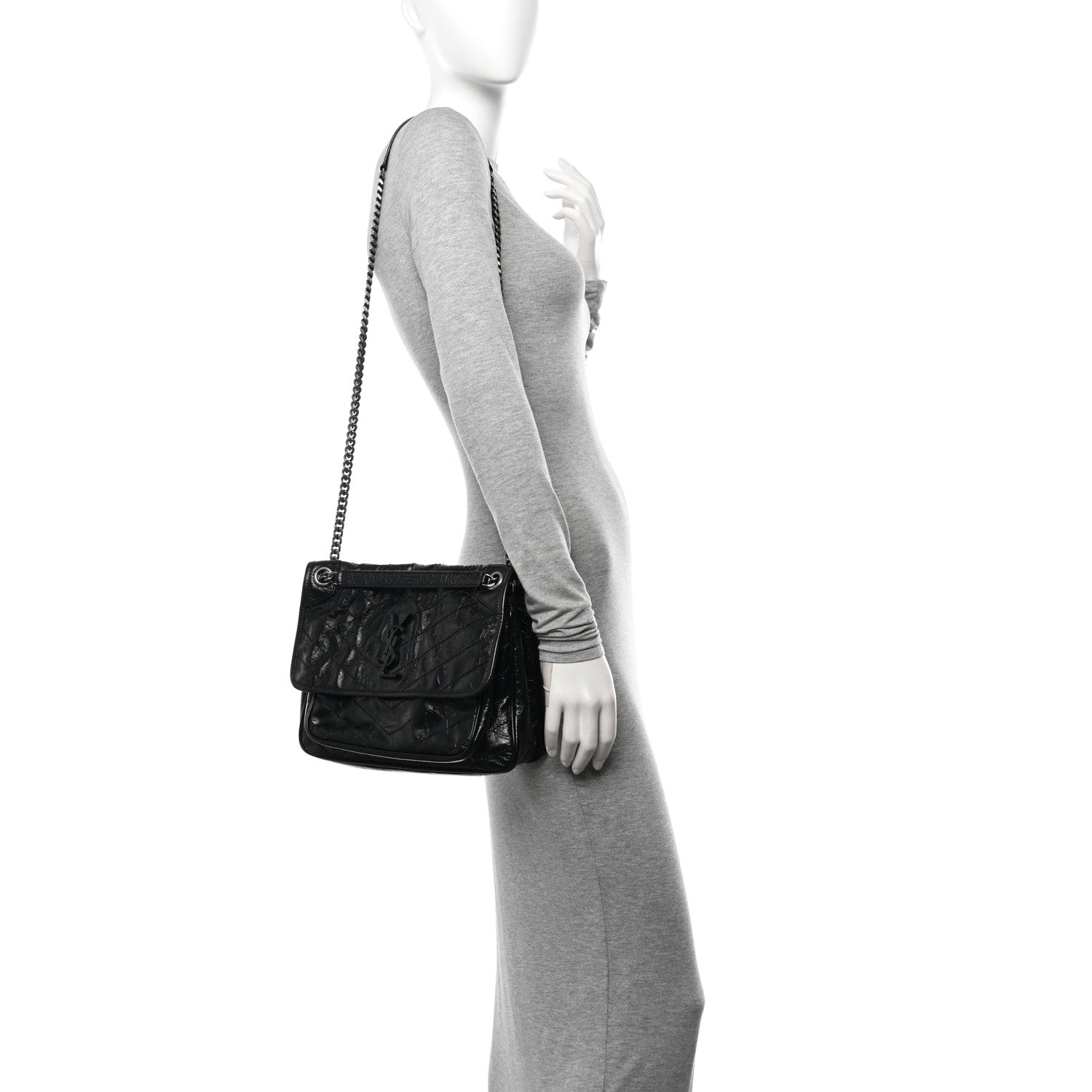 Saint Laurent Crinkled Calfskin Matelasse Monogram Medium Niki Chain Satchel Black 2 of 11