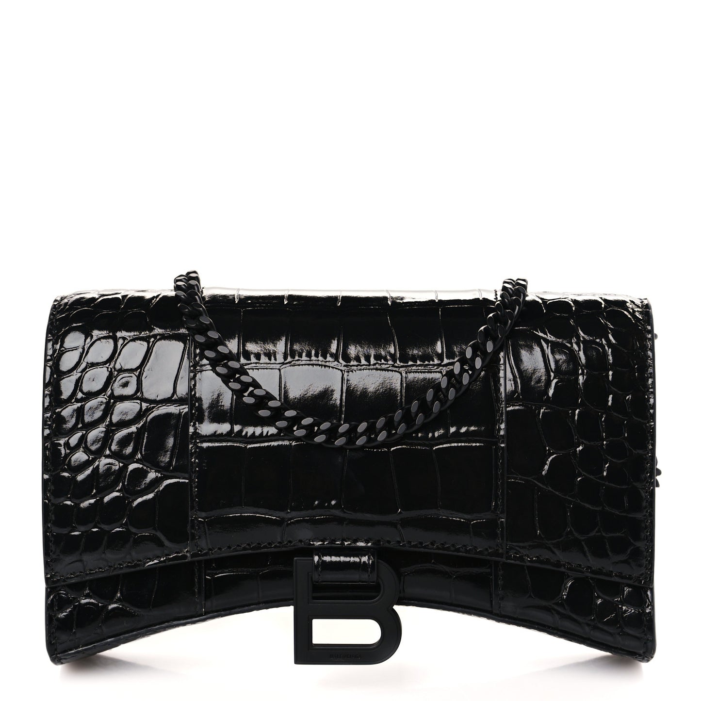 Shiny Calfskin Monochrome Crocodile Embossed Hourglass Chain Bag Black