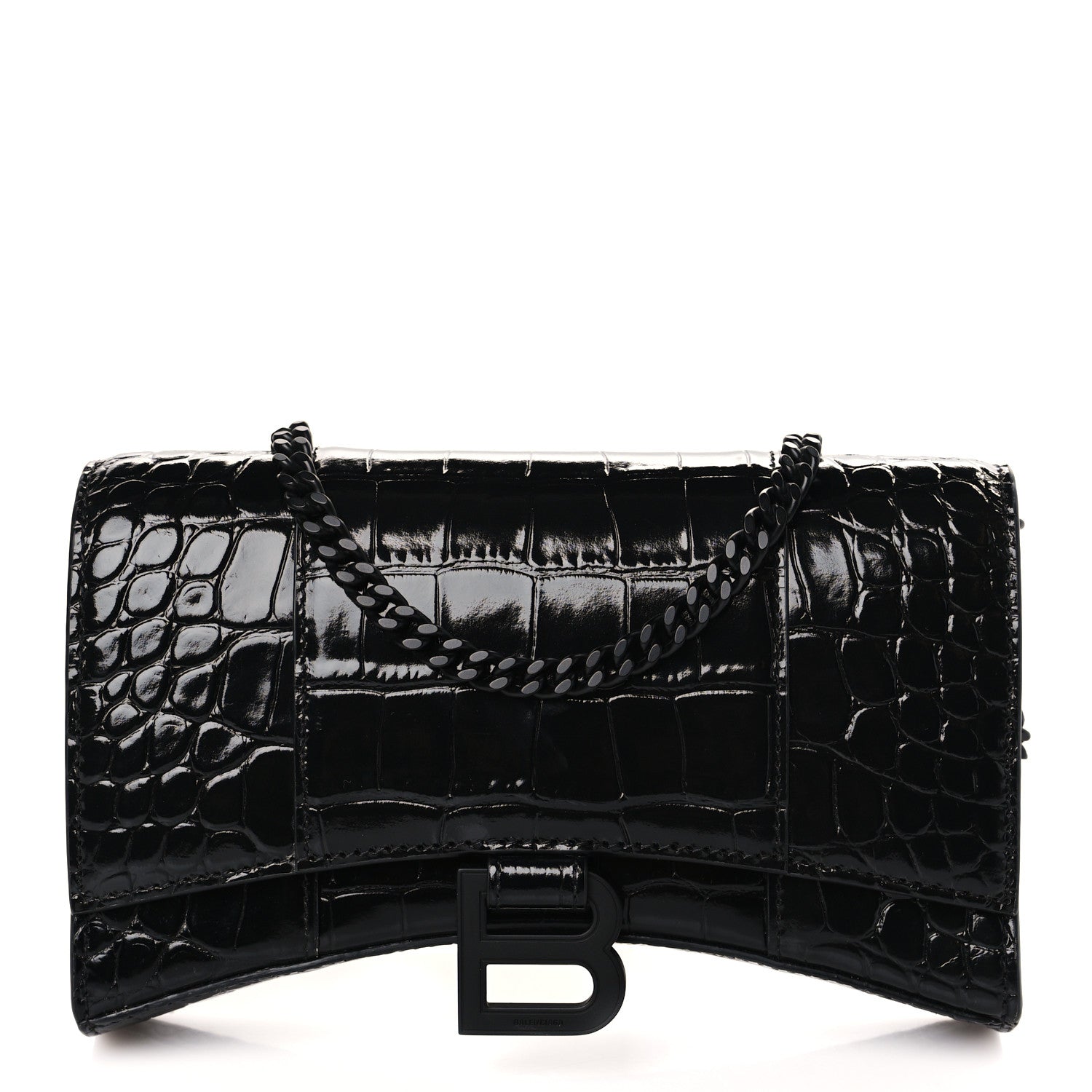 Balenciaga Shiny Calfskin Monochrome Crocodile Embossed Hourglass Chain Bag Black 1 of 8