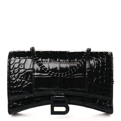 Balenciaga Shiny Calfskin Monochrome Crocodile Embossed Hourglass Chain Bag Black 1 of 8