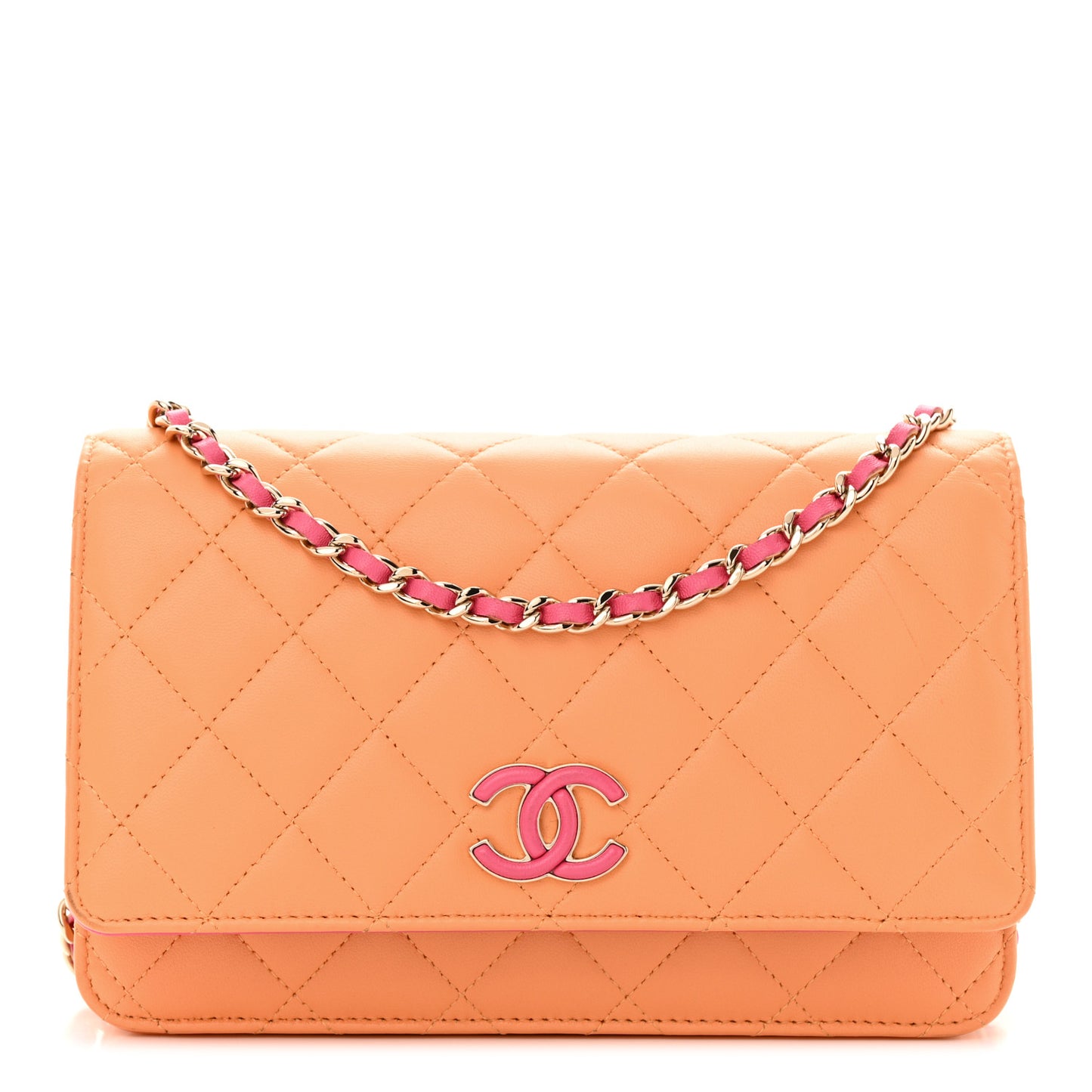 Lambskin Quilted Sunset Boulevard Wallet On Chain WOC Orange Coral
