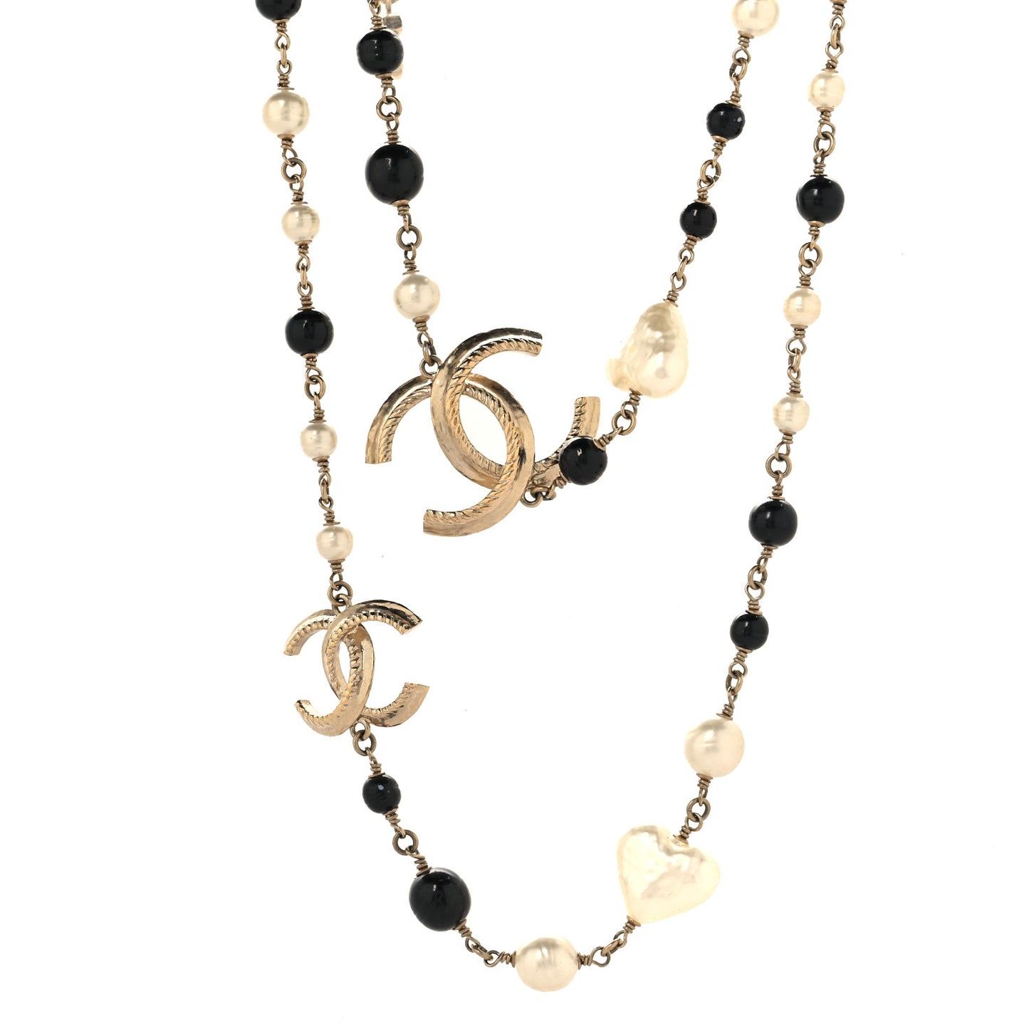 Pearl Bead Heart CC Long Necklace Gold Black