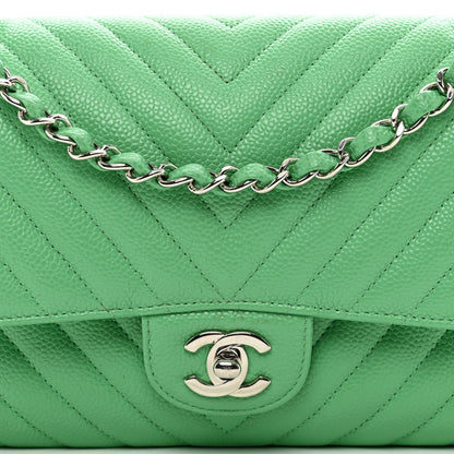 Chanel Caviar Chevron Quilted Medium Double Flap Green 5 of 12