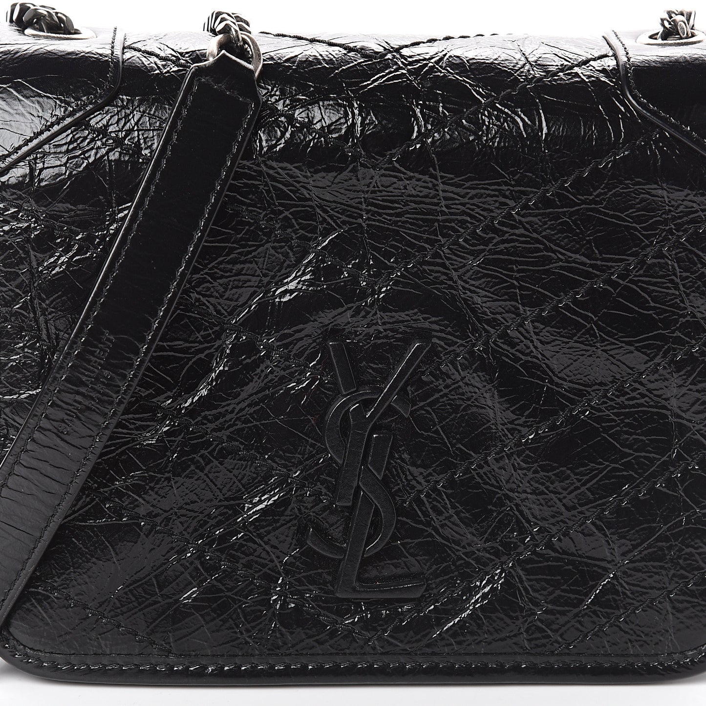 Crinkled Calfskin Matelasse Monogram Niki Chain Wallet Black