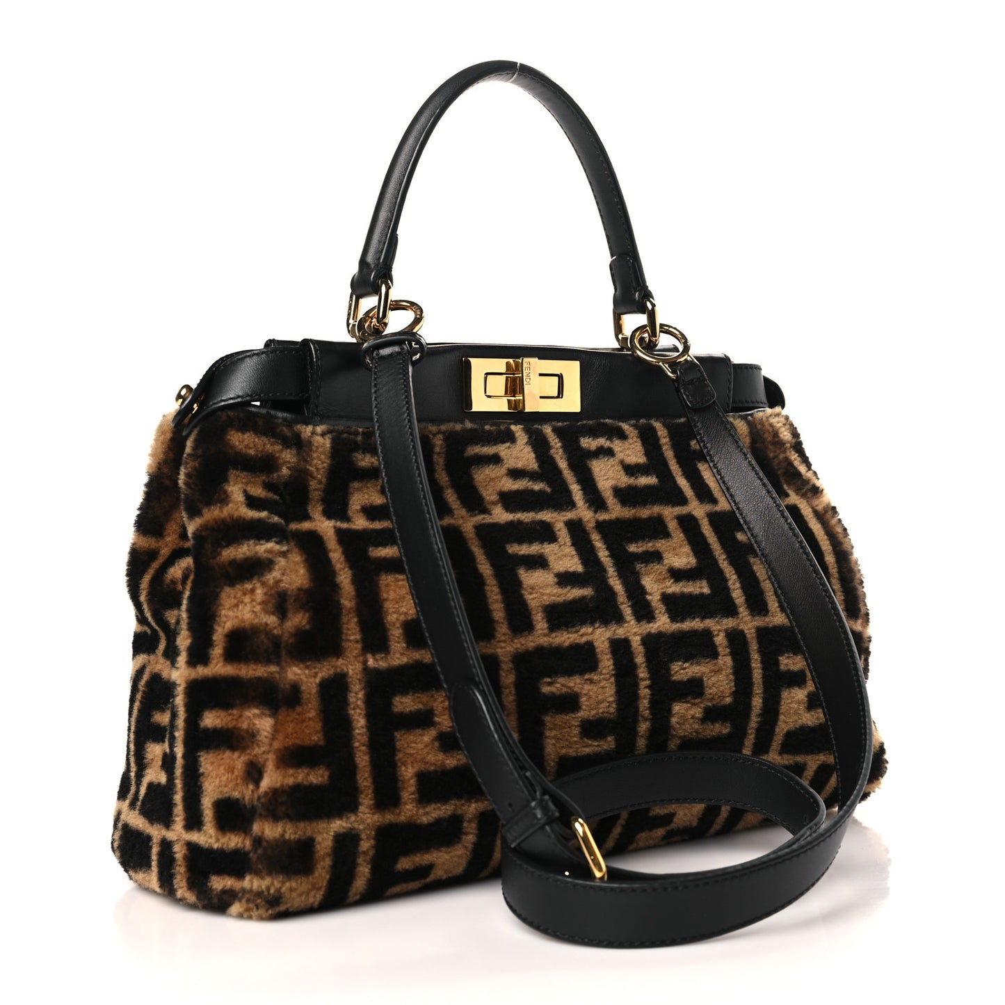 Shearling Nappa Macro FF 1974 Medium Peekaboo Iconic Satchel Tobacco Black