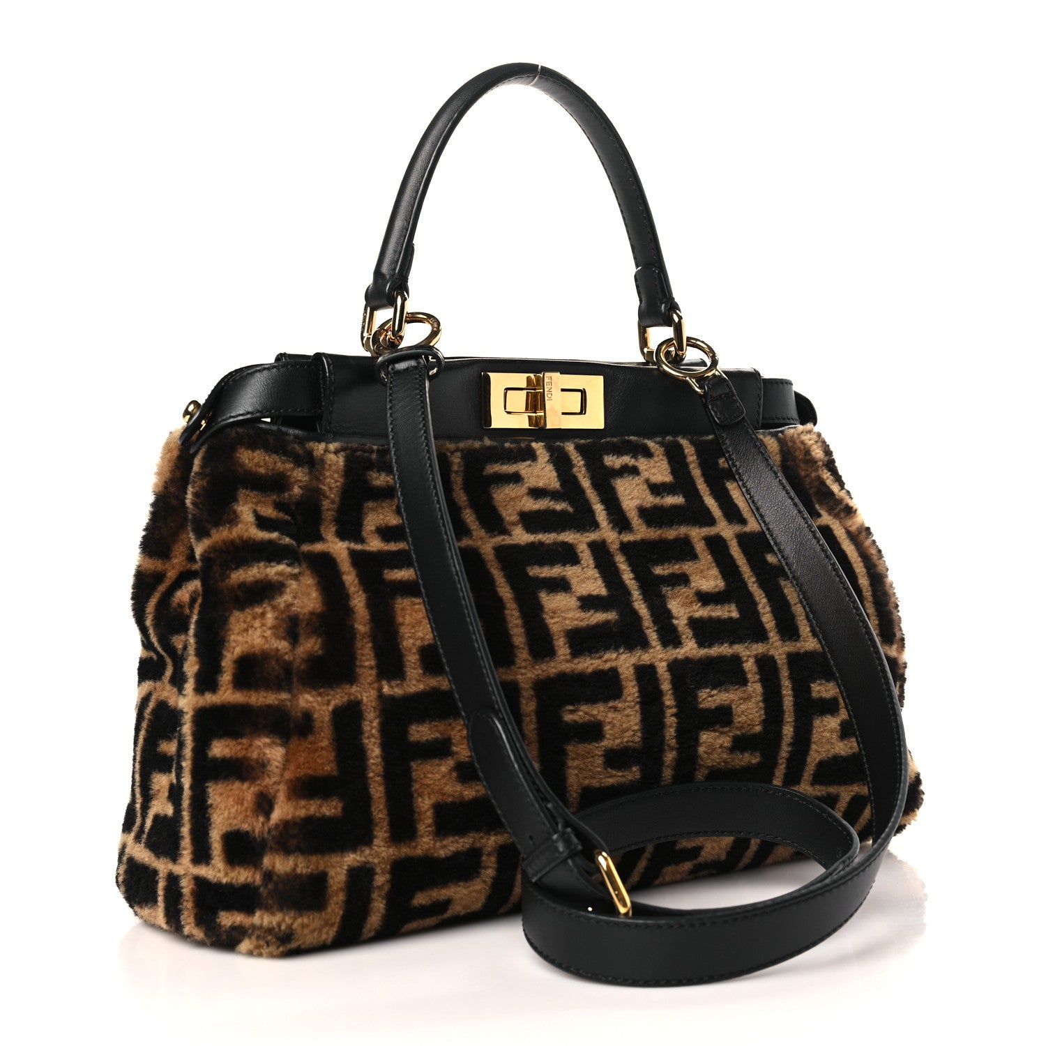 Fendi Shearling Nappa Macro FF 1974 Medium Peekaboo Iconic Satchel Tobacco Black 2 of 8