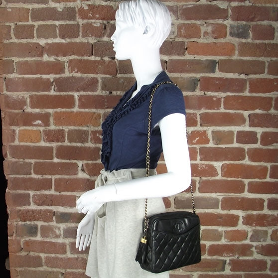 Chanel Vintage Quilted Leather Tassel Camera Case Black 2 of 10