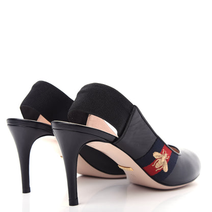 Gucci Malaga Kid Web Mid Heel Slingback Pumps 37 Black 7 of 12