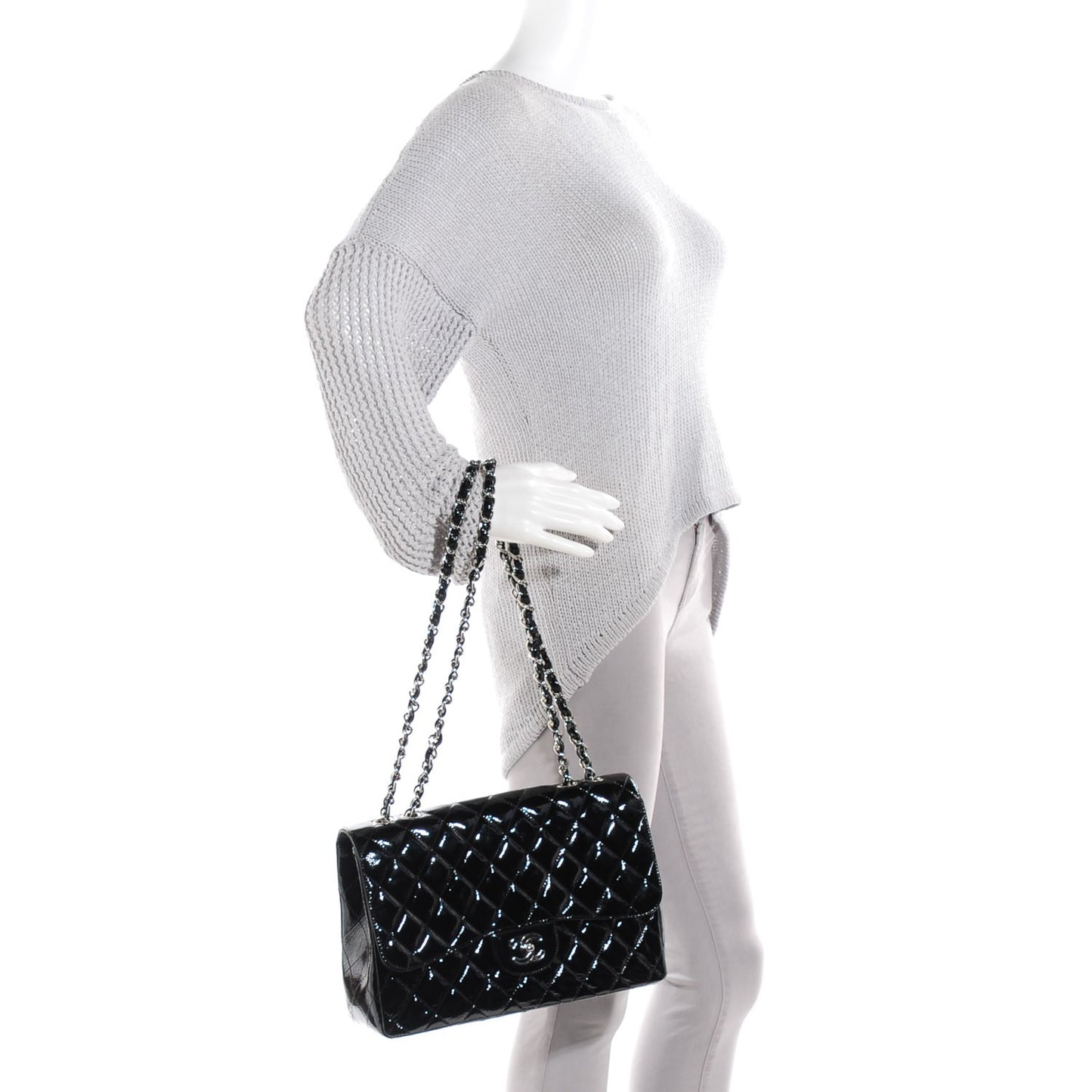 Distressed Patent Quilted Jumbo Single Flap Black