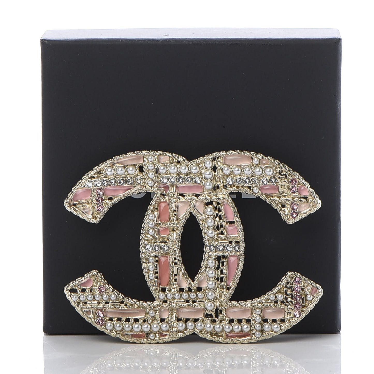 Crystal Pearl CC Tweed Brooch Gold Pink
