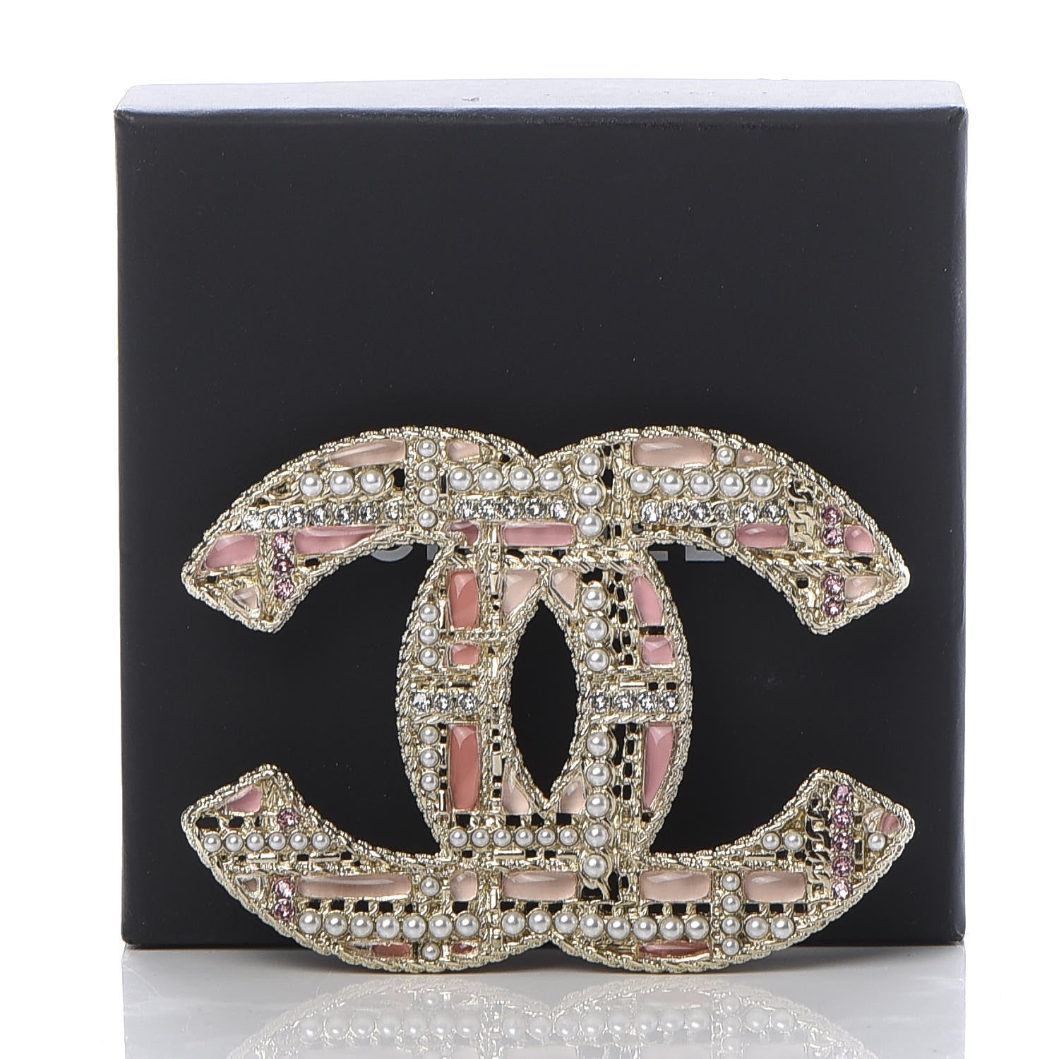 Chanel Crystal Pearl CC Tweed Brooch Gold Pink 5 of 5