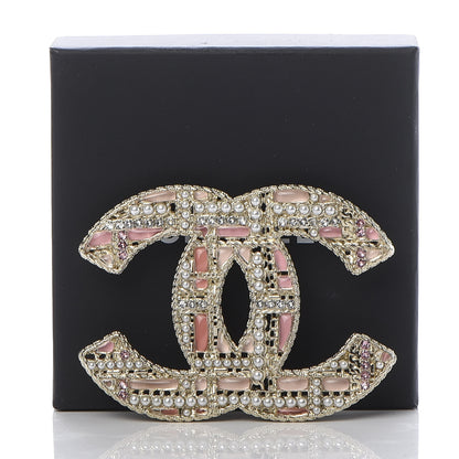 Chanel Crystal Pearl CC Tweed Brooch Gold Pink 5 of 5
