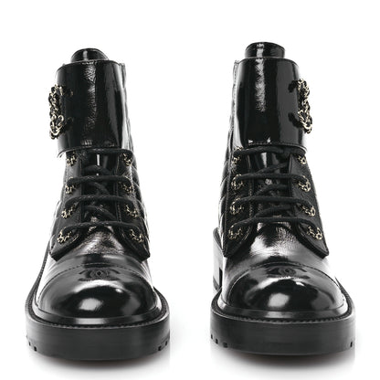 Chanel Shiny Goatskin Calfskin Quilted Lace Up Combat Boots 40 Black 2 of 8