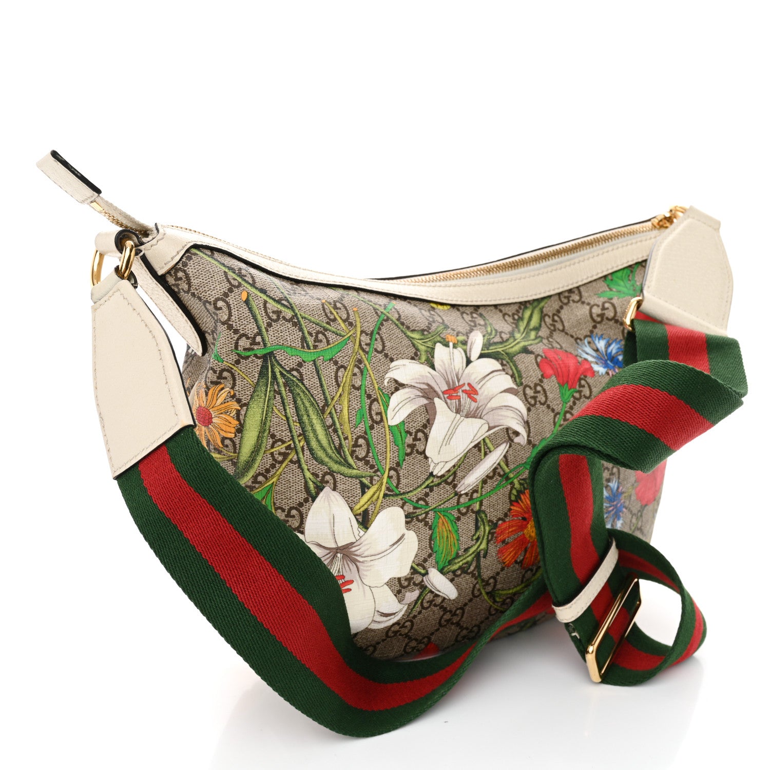 Gucci GG Supreme Monogram Flora Web Small Ophidia Half Moon Hobo White 3 of 12