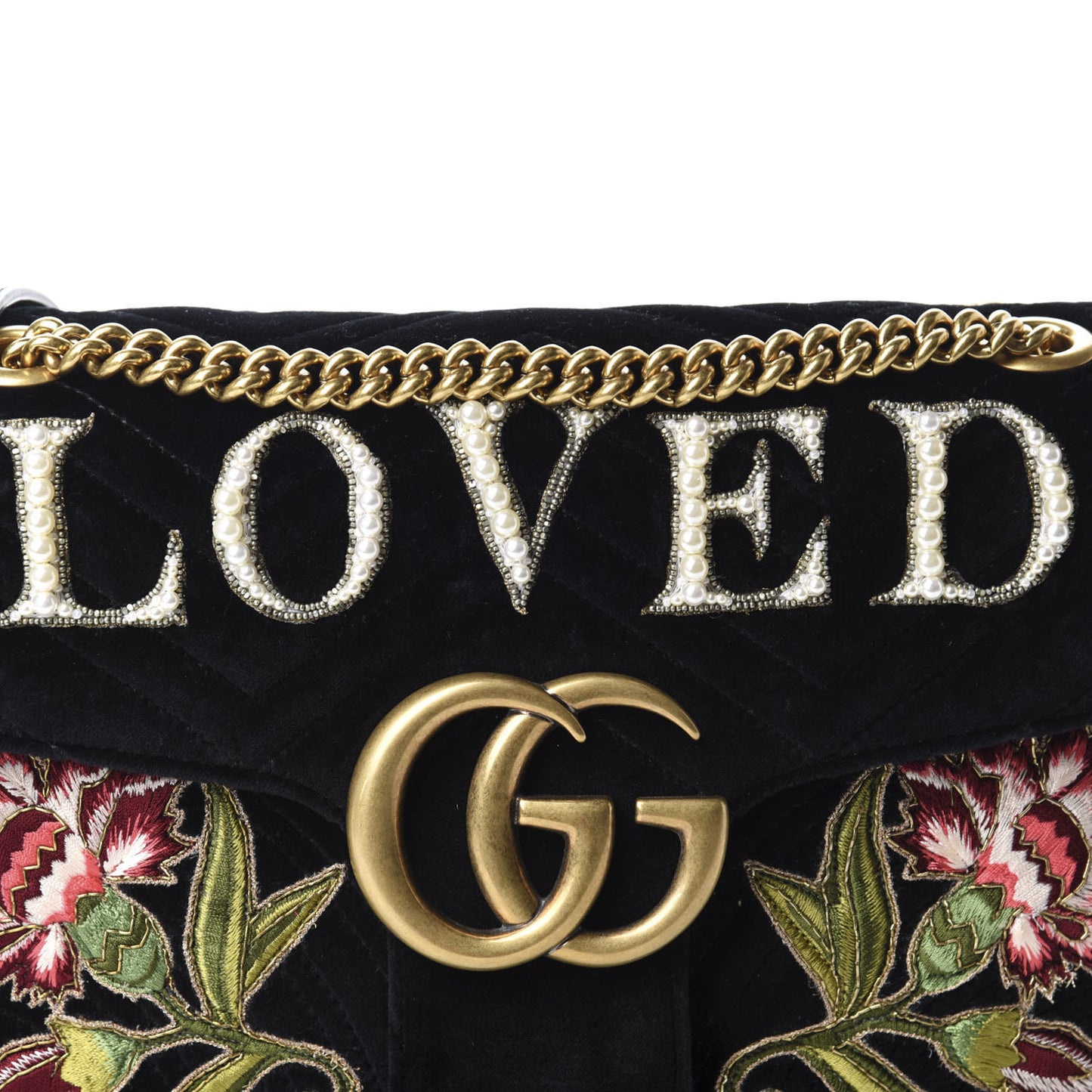 Velvet Matelasse Loved Embroidered Medium GG Marmont Shoulder Bag Black