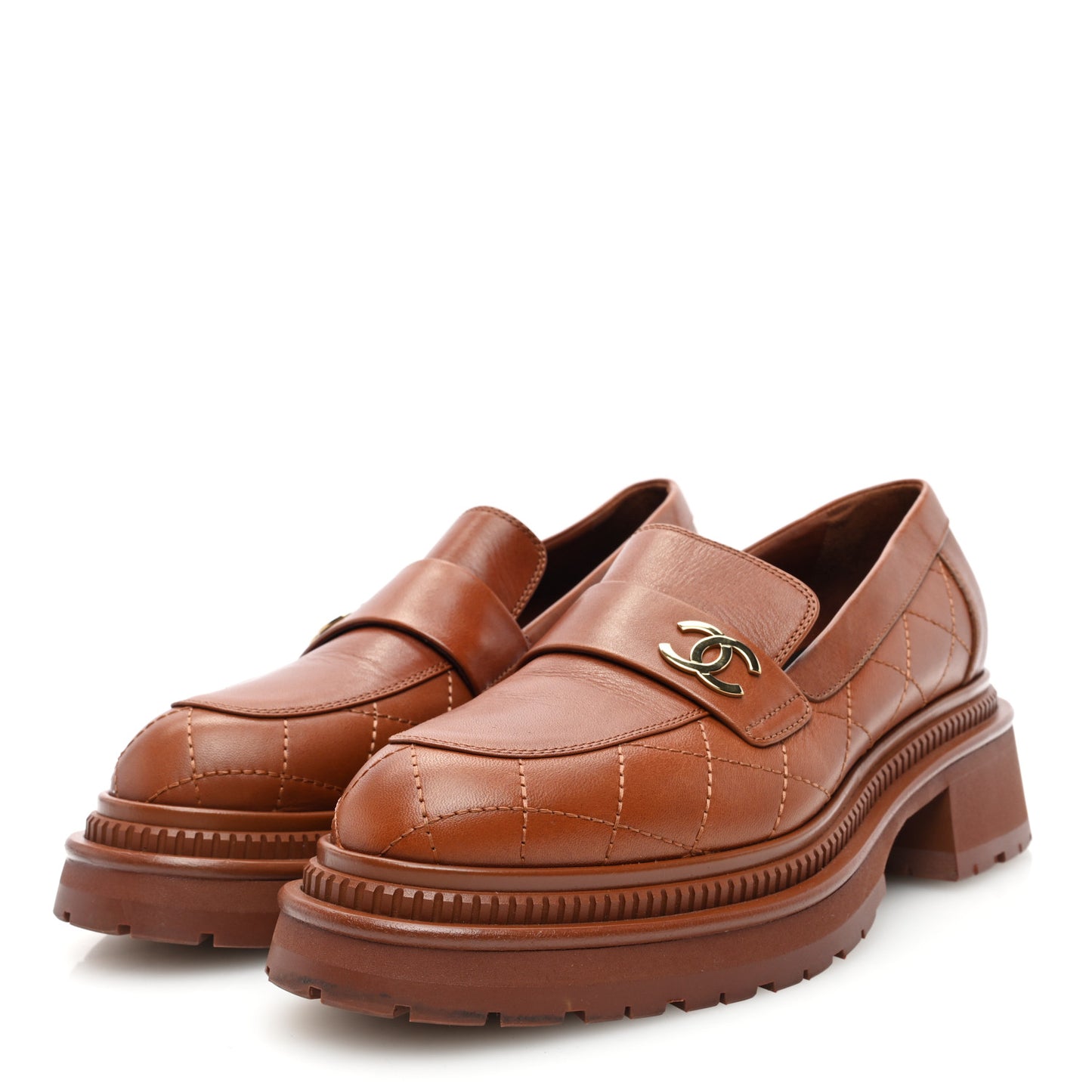 Calfskin Quilted CC Mocassin Loafers 38 Light Brown