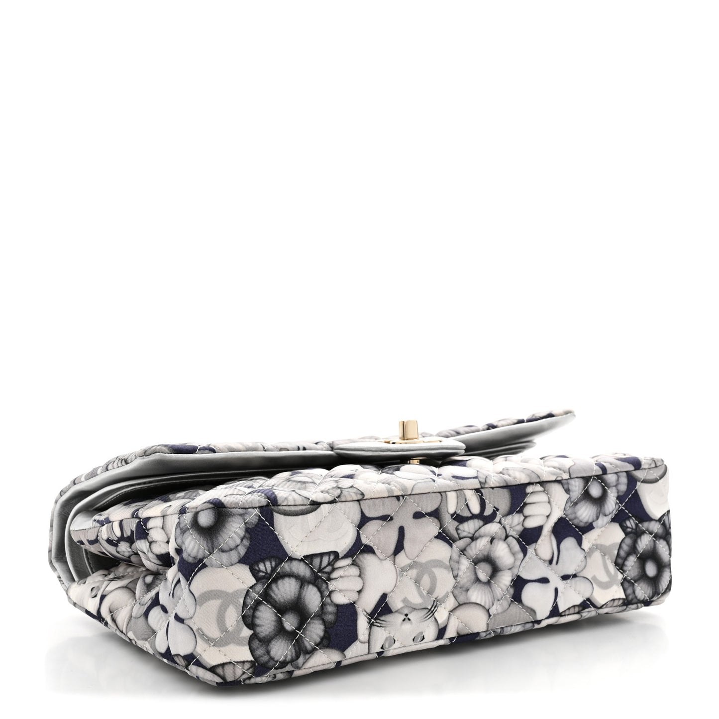 Nylon Quilted Medium Cat Emoticon Double Flap Navy Grey Ecru Navy Grey Ecru