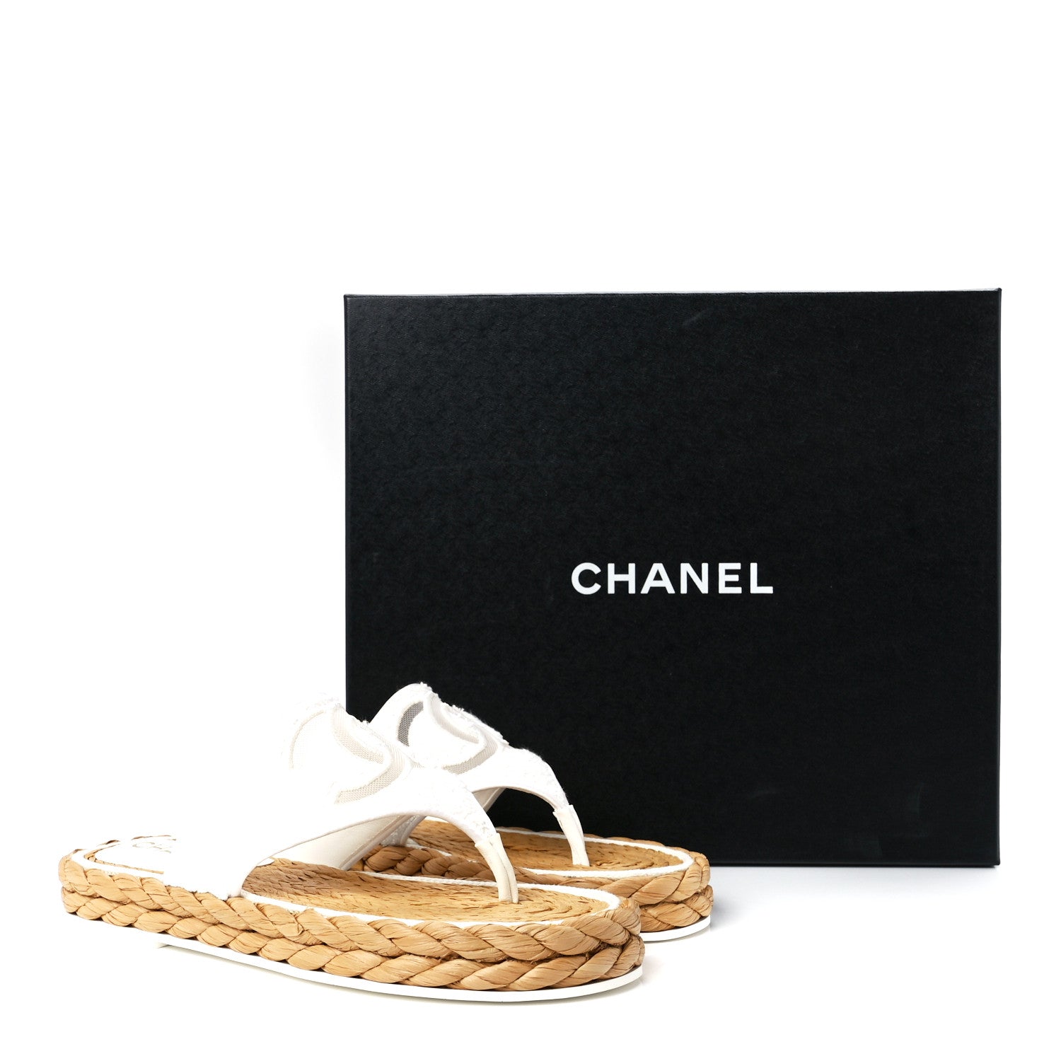Chanel Terry Cloth Raffia CC Logo Thong Sandals 38 White 9 of 17