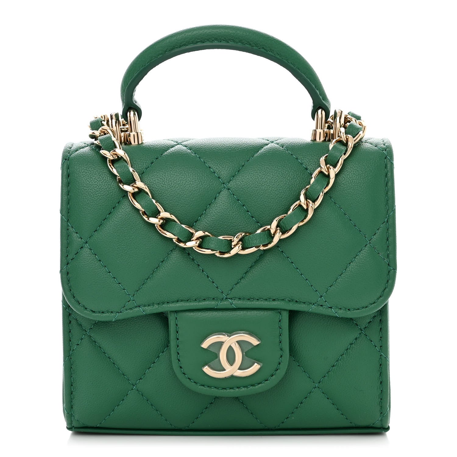 Chanel Lambskin Quilted Top Handle Flap Clutch With Chain Green 1 of 11