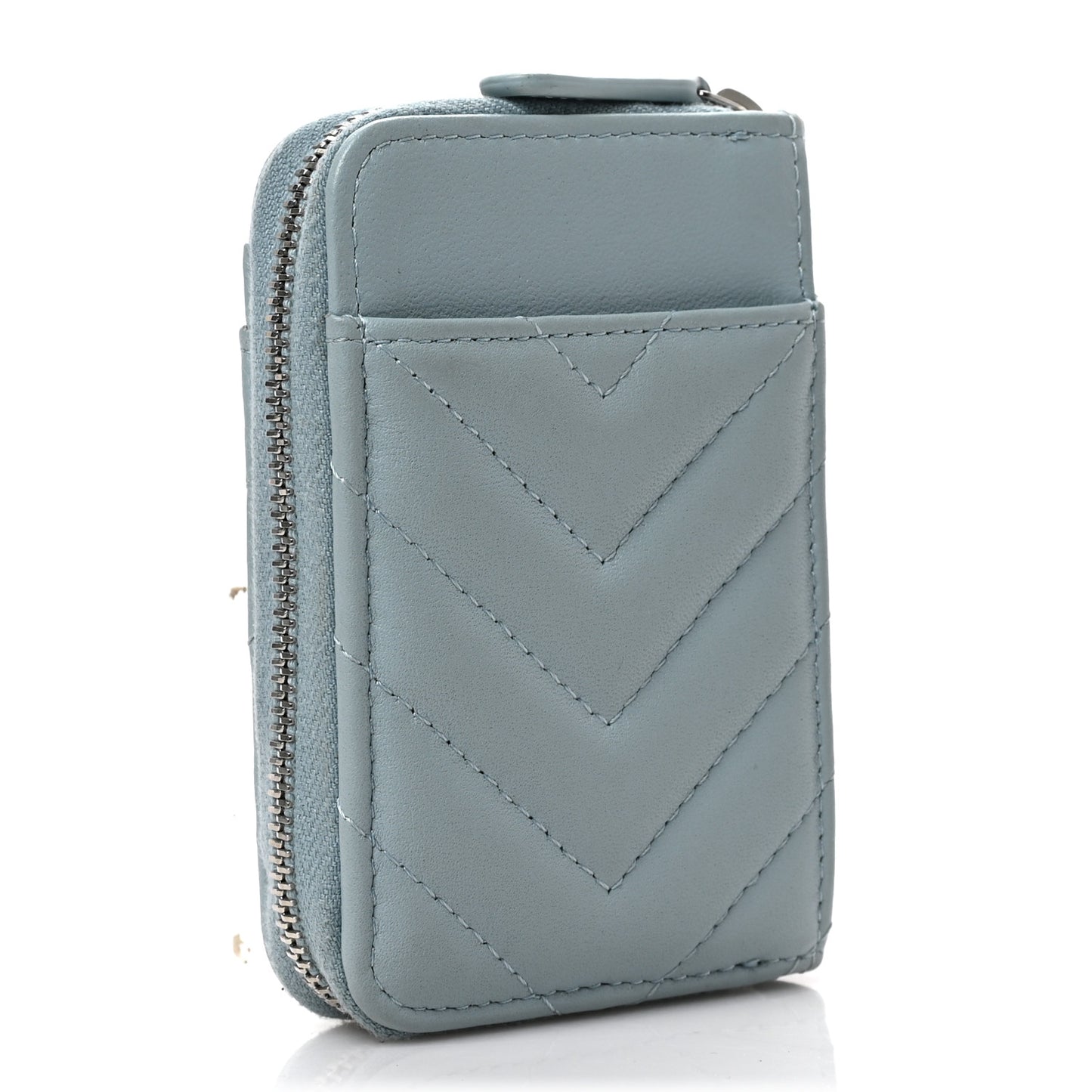 Lambskin Chevron Quilted Zip Card Holder Light Blue