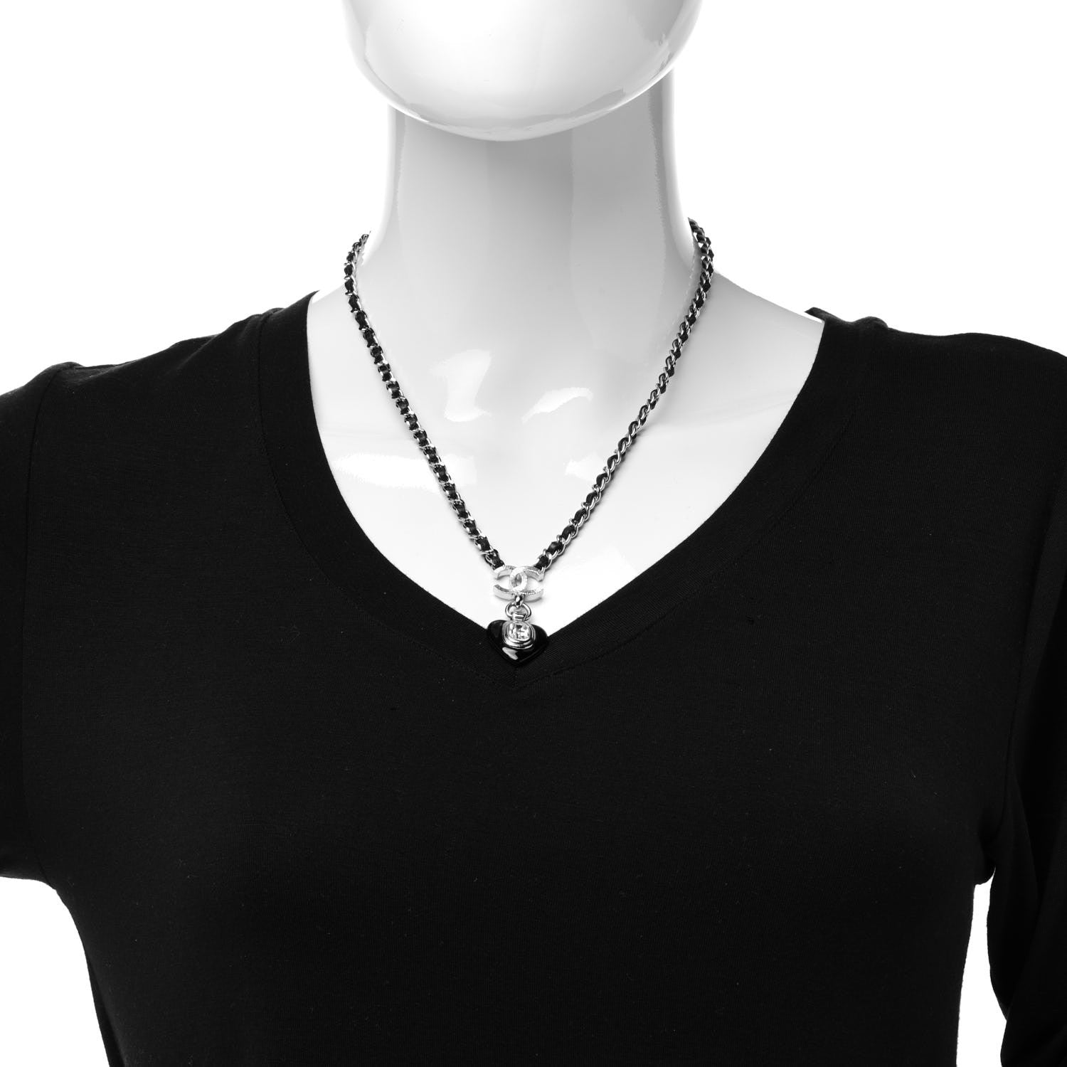 Chanel Lambskin Crystal Resin CC Heart Necklace Black Silver 2 of 5