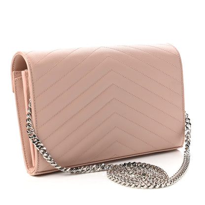 Saint Laurent Grain De Poudre Matelasse Chevron Monogram Chain Wallet Pale Pink 3 of 10