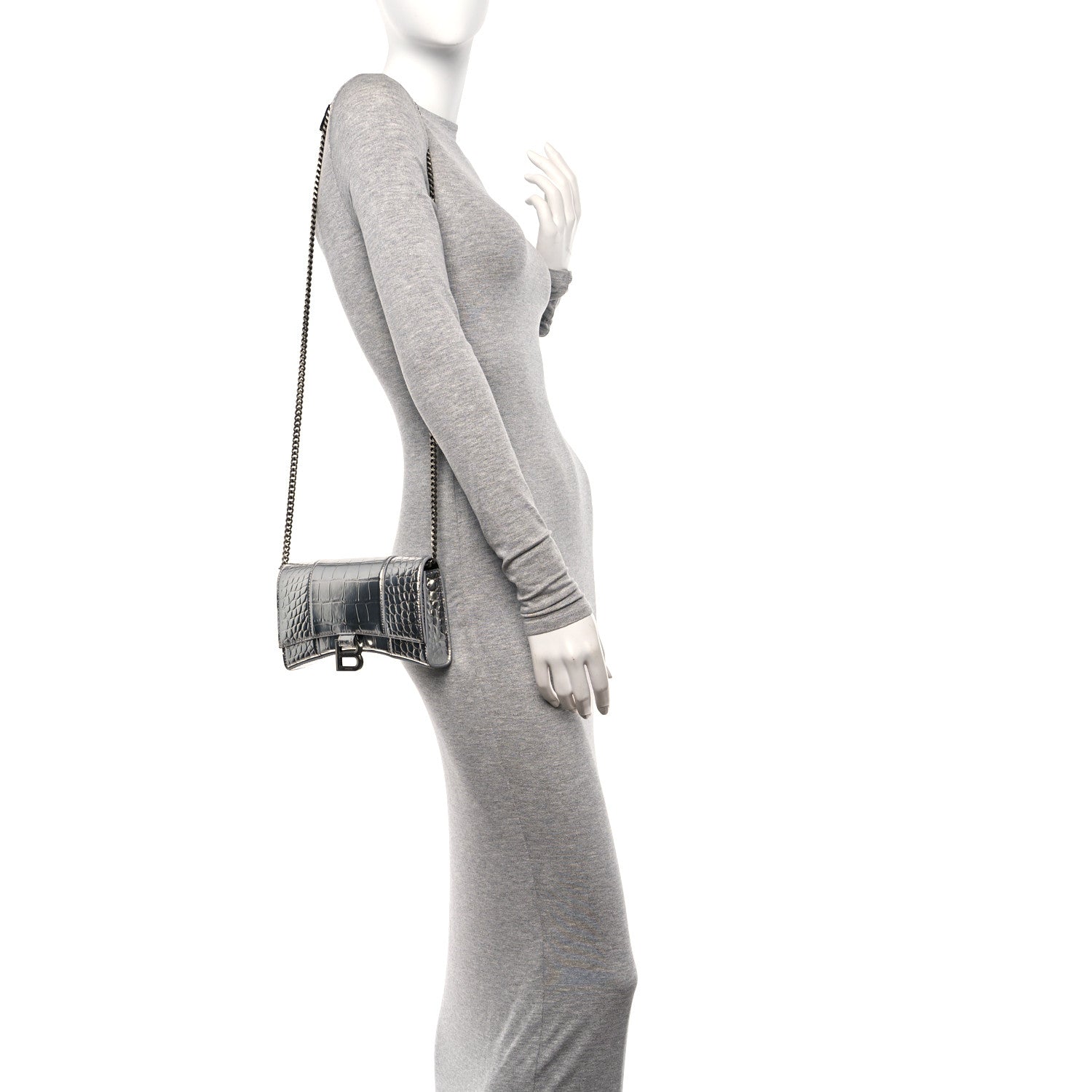 Balenciaga Metallic Calfskin Crocodile Embossed Hourglass Chain Bag Silver Silver 2 of 10