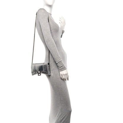 Balenciaga Metallic Calfskin Crocodile Embossed Hourglass Chain Bag Silver Silver 2 of 10
