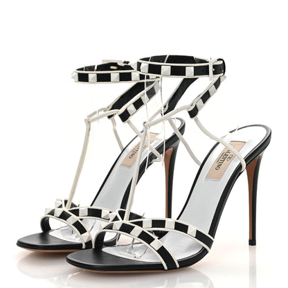 Valentino Garavani Calfskin Free Rockstud Ankle T-Strap 105mm Sandals 37.5 Black Optic White 4 of 12