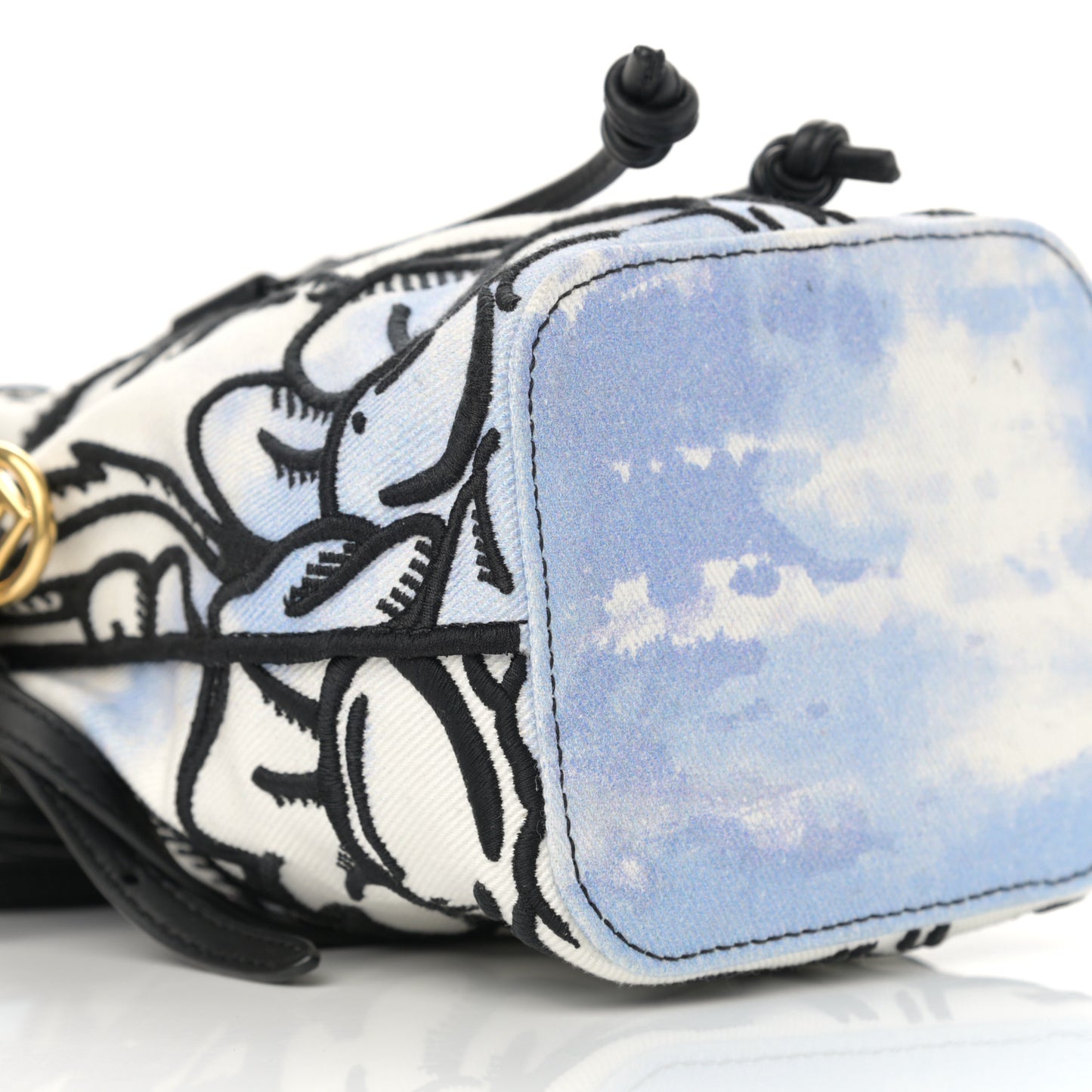 X JOSHUA VIDES Fabric Flower Clouds Embroidered Mini Mon Tresor Bucket Bag White Celeste Black
