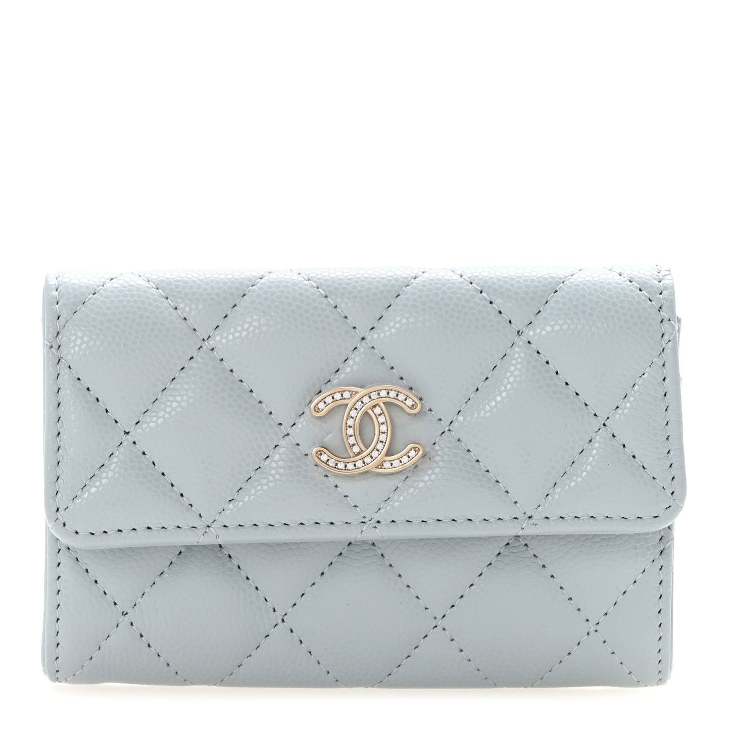 Caviar Quilted Crystal CC Flap Card Holder Light Blue