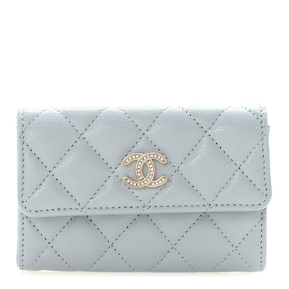 Chanel Caviar Quilted Crystal CC Flap Card Holder Light Blue 1 of 8