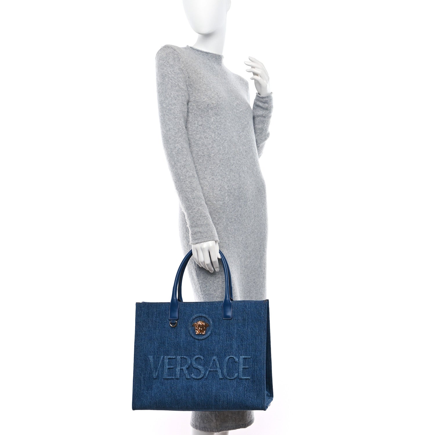 Versace Denim Calfskin La Medusa Tote Bag Blue 3 of 9