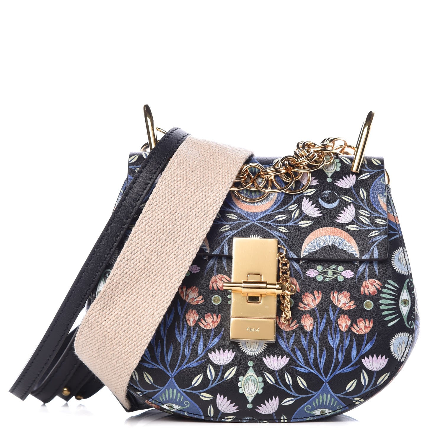 Chloe Calfskin Floral Print Drew Bi-Color Shoulder Bag Full Blue 1 of 8