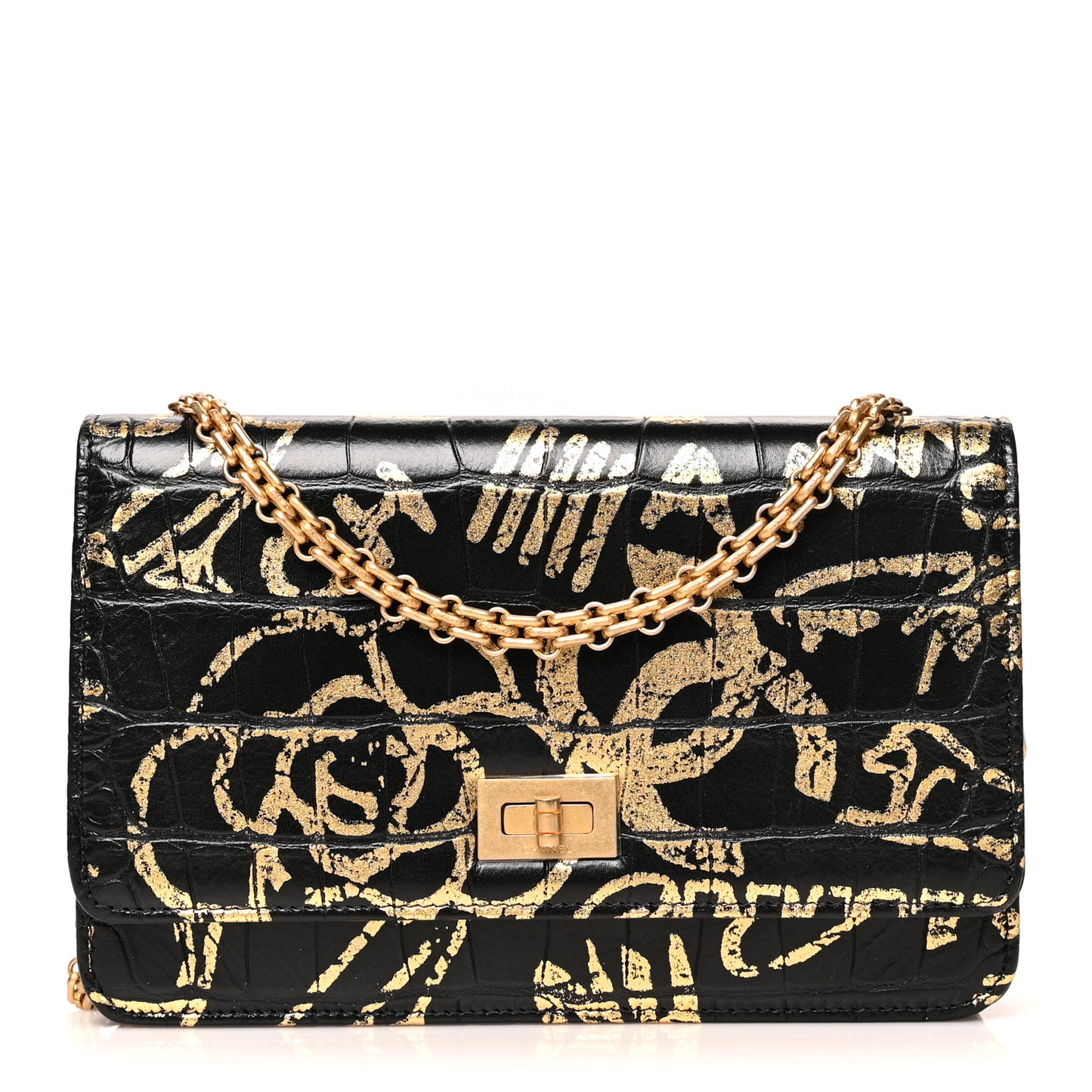 Calfskin Crocodile Embossed Graffiti 2.55 Cocodile Reissue Wallet On Chain WOC Black Gold