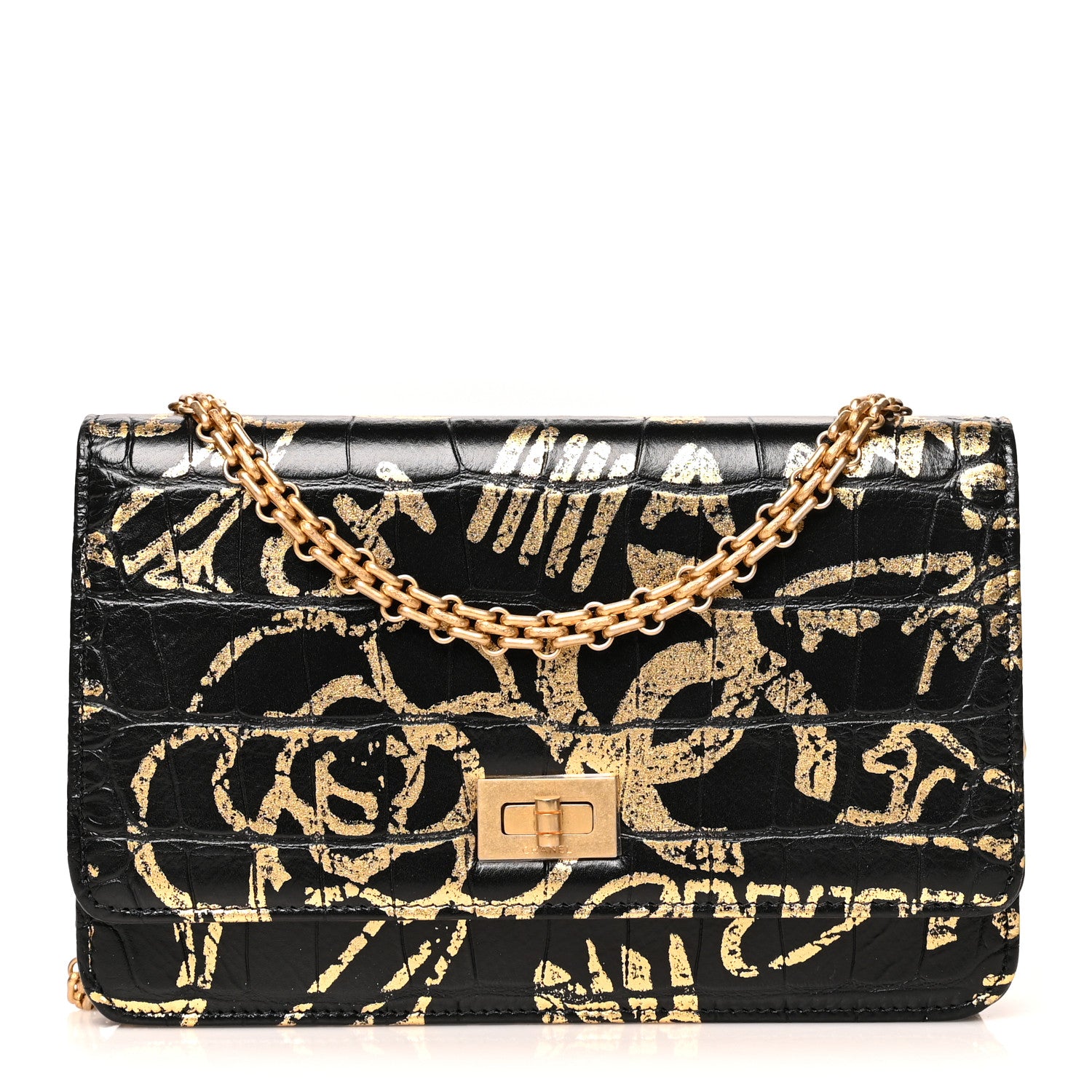Chanel Calfskin Crocodile Embossed Graffiti 2.55 Cocodile Reissue Wallet On Chain WOC Black Gold 1 of 11