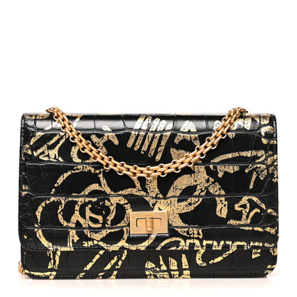 Chanel Calfskin Crocodile Embossed Graffiti 2.55 Cocodile Reissue Wallet On Chain WOC Black Gold 1 of 11