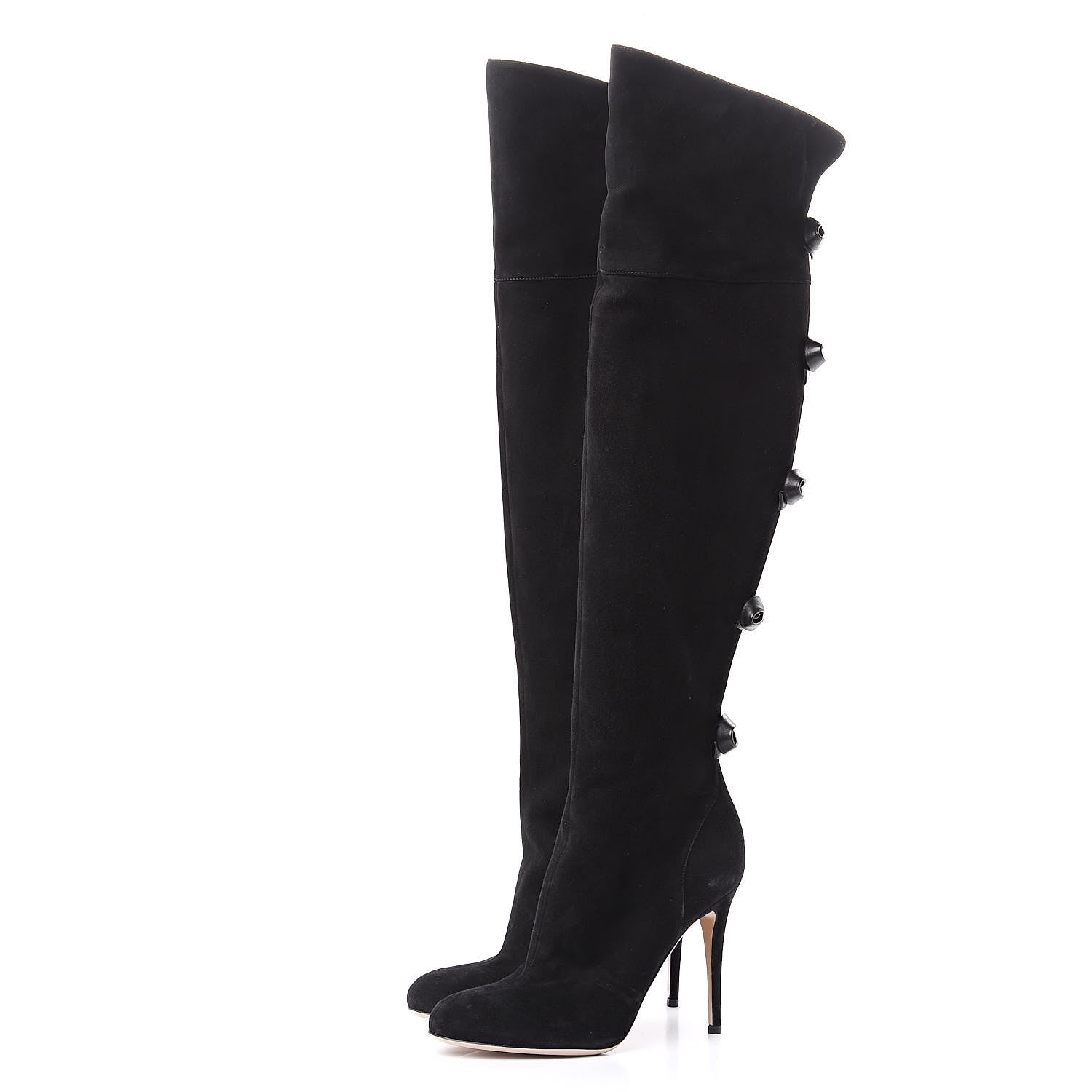 Valentino Garavani Calfskin Suede Bow Over the Knee Boots 39 Black 3 of 12