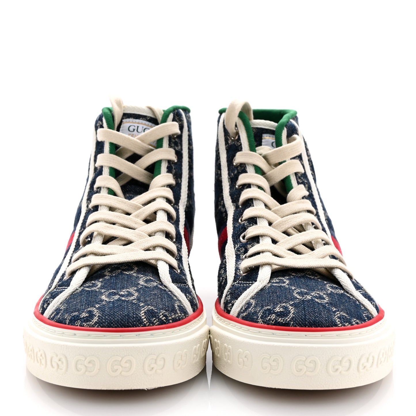 New Denim GG Monogram Web Womens 1977 Tennis High Top Sneakers 39 Blue Tea Mystic White