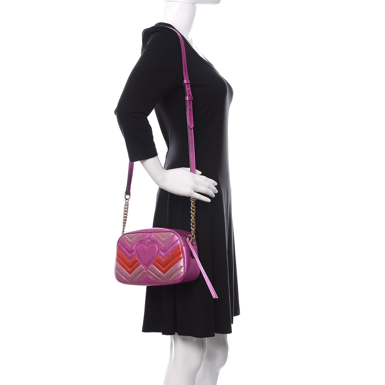 Gucci Laminated Nappa Matelasse Small GG Marmont Chain Shoulder Bag Fuxia Rosso Rosa 2 of 9