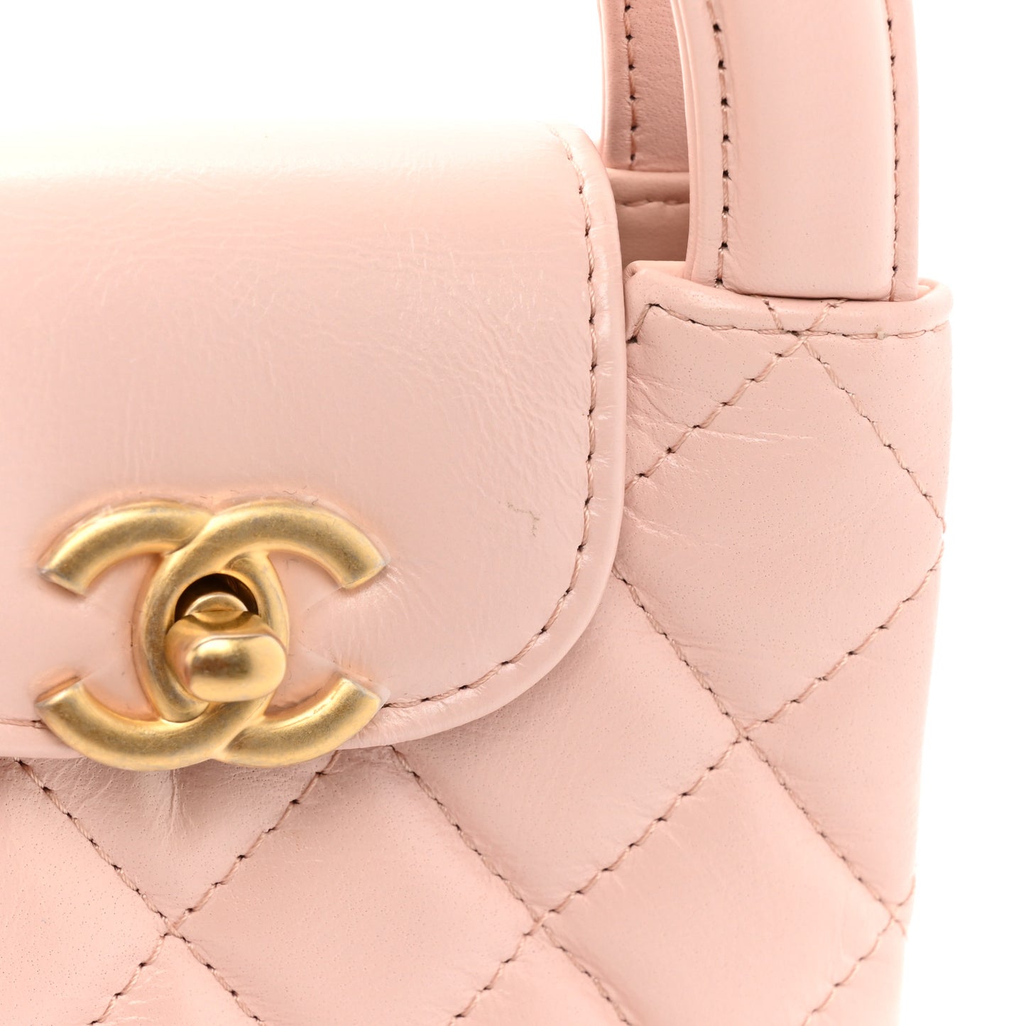 Shiny Aged Calfskin Quilted Mini Nano Kelly Shopper Light Pink